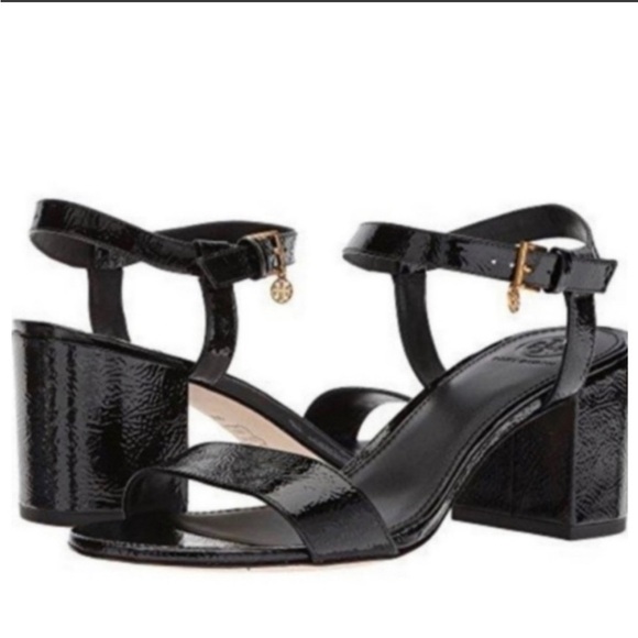 Tory Burch Laurel 65mm Leather Sandals Black Patent Leather Heel Sandals Classic - Picture 1 of 8